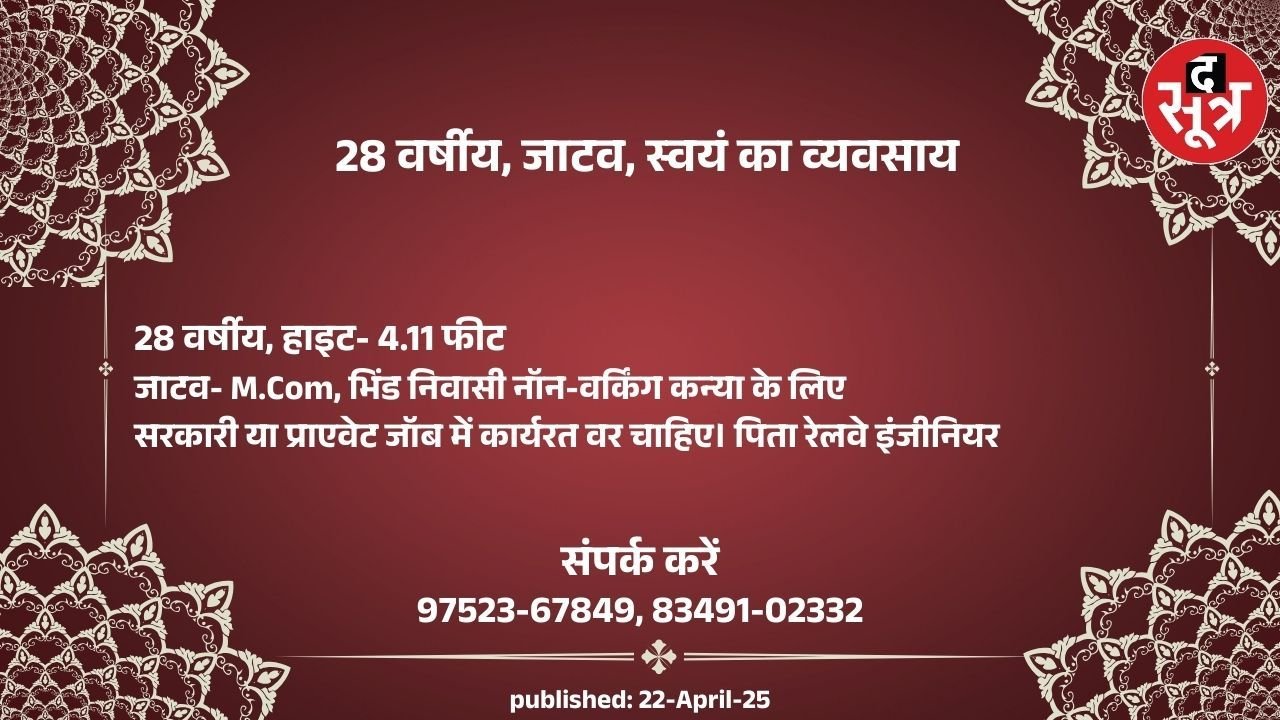 28 वर्षीय नॉन-वर्किंग कन्या के लिए सरकारी या प्राइवेट जॉब में कार्यरत वर चाहिए