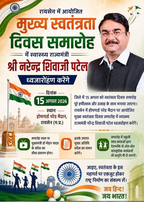 रायसेन में आयोजित मुख्य स्वतंत्रता दिवस समारोह में स्वास्थ्य राज्यमंत्री श्री पटेल करेंगे ध्वजारोहरण
