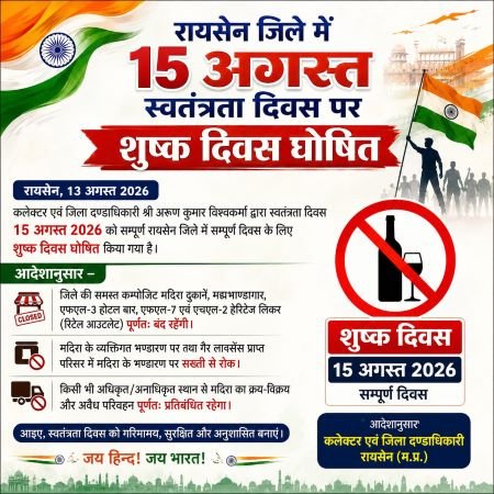 रायसेन जिले में 15 अगस्त स्वतंत्रता दिवस पर शुष्क दिवस घोषित